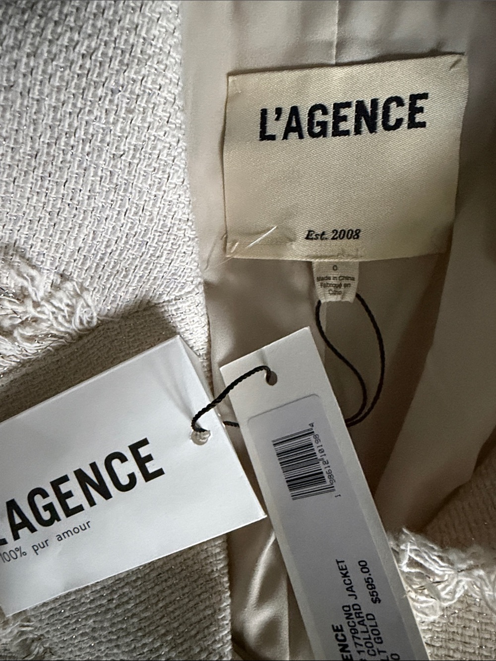 NWT L’AGENCE Sylvia Collard Tweed Jacket Ivory Gold Fringe Blazer Sz 0 business - Picture 4 of 6
